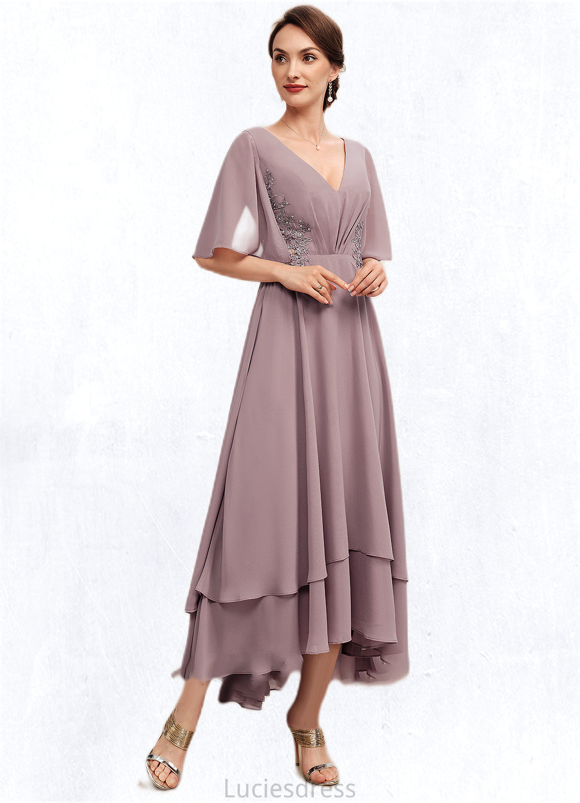 Carolyn A-Line V-neck Asymmetrical Chiffon Mother of the Bride Dress With Ruffle Lace Beading HF126P0014839