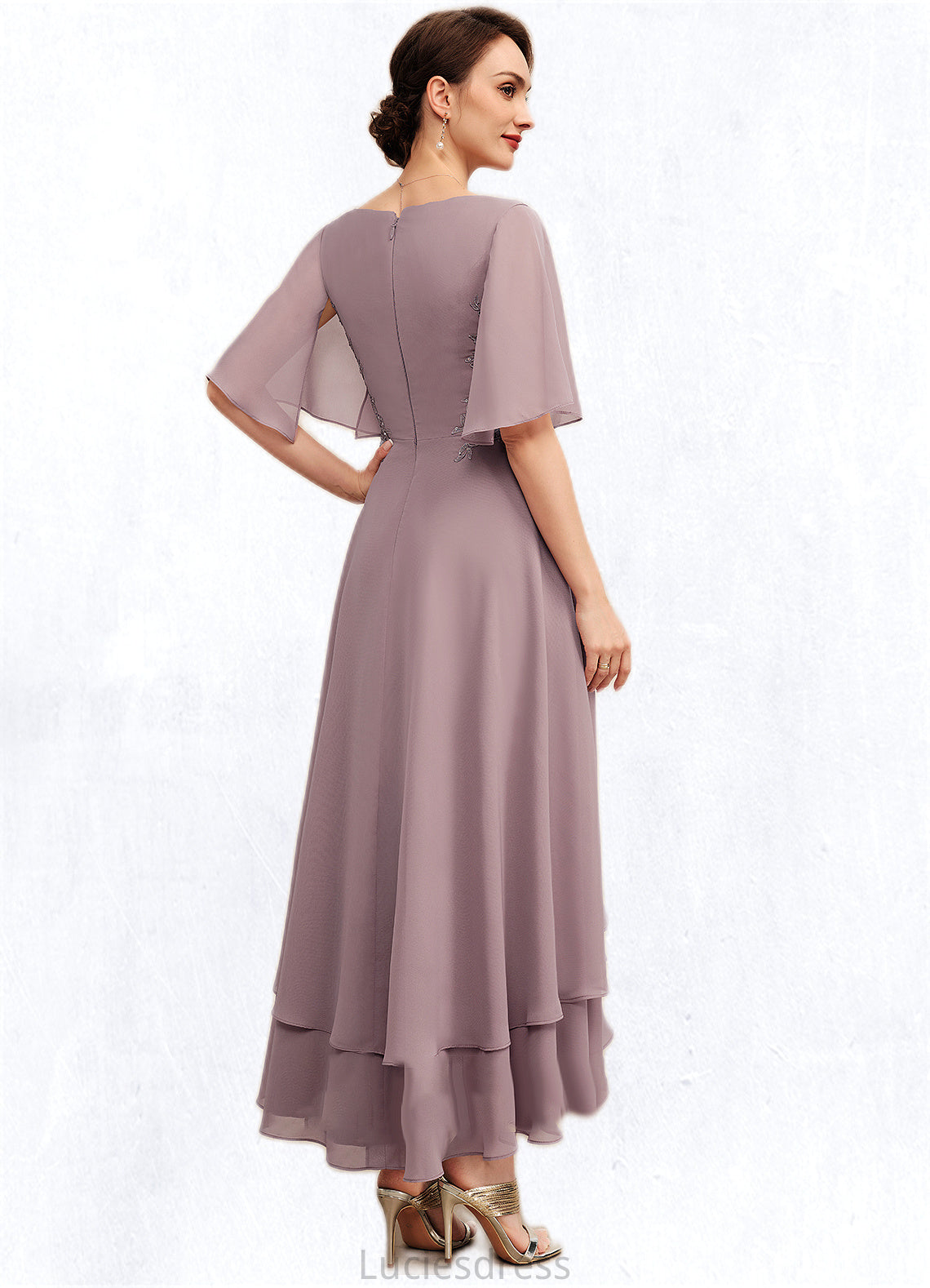 Carolyn A-Line V-neck Asymmetrical Chiffon Mother of the Bride Dress With Ruffle Lace Beading HF126P0014839