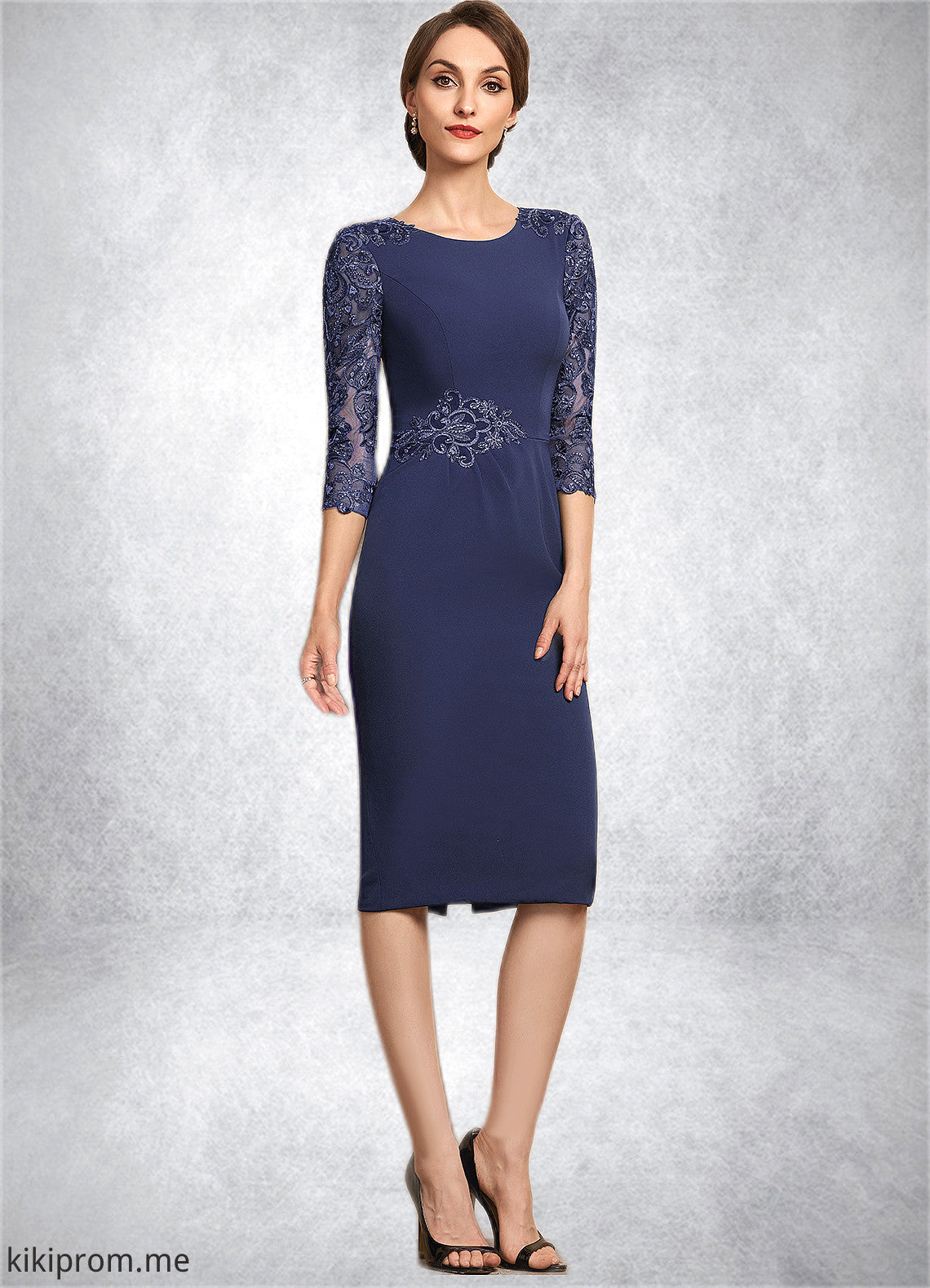 Jazlyn Sheath/Column Scoop Neck Knee-Length Lace Stretch Crepe Mother of the Bride Dress With Sequins STF126P0014840