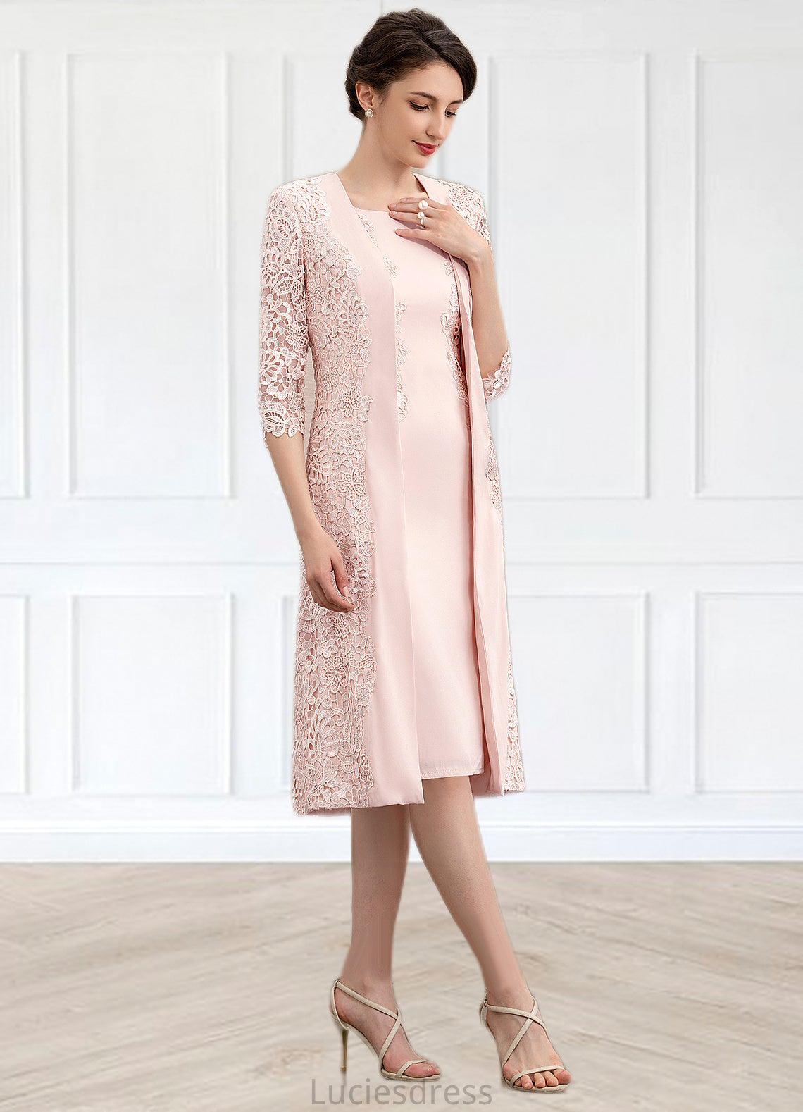 Brynlee Sheath/Column Scoop Neck Knee-Length Lace Stretch Crepe Mother of the Bride Dress HF126P0014843