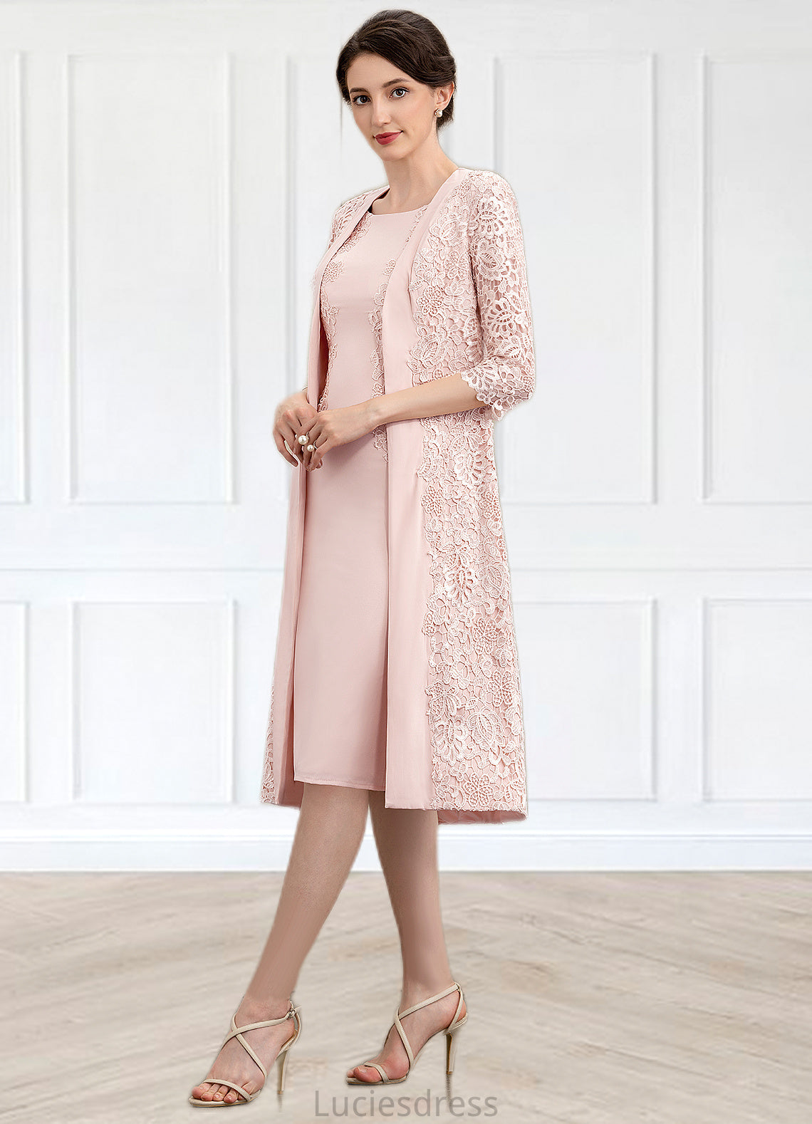 Brynlee Sheath/Column Scoop Neck Knee-Length Lace Stretch Crepe Mother of the Bride Dress HF126P0014843