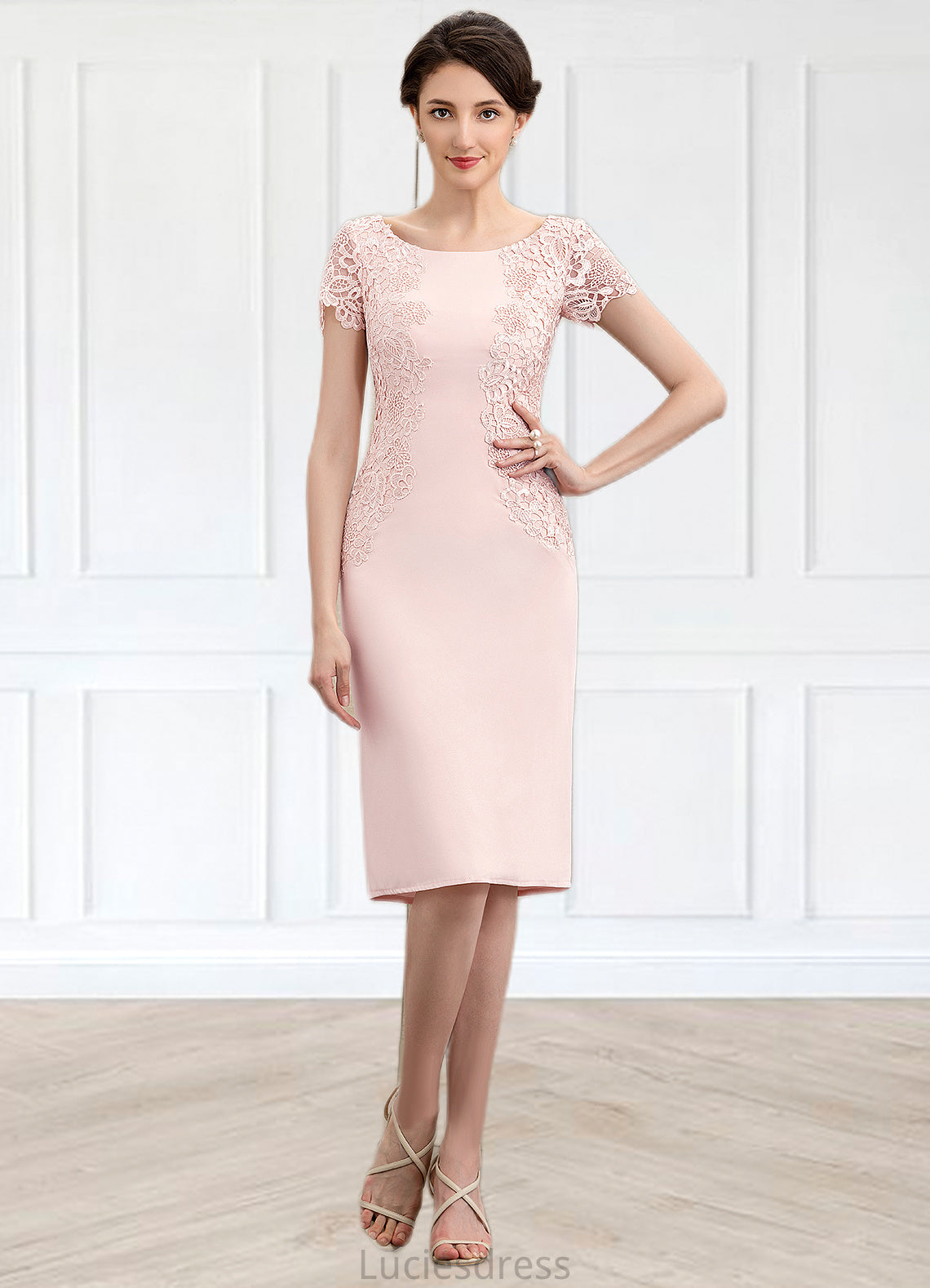 Brynlee Sheath/Column Scoop Neck Knee-Length Lace Stretch Crepe Mother of the Bride Dress HF126P0014843