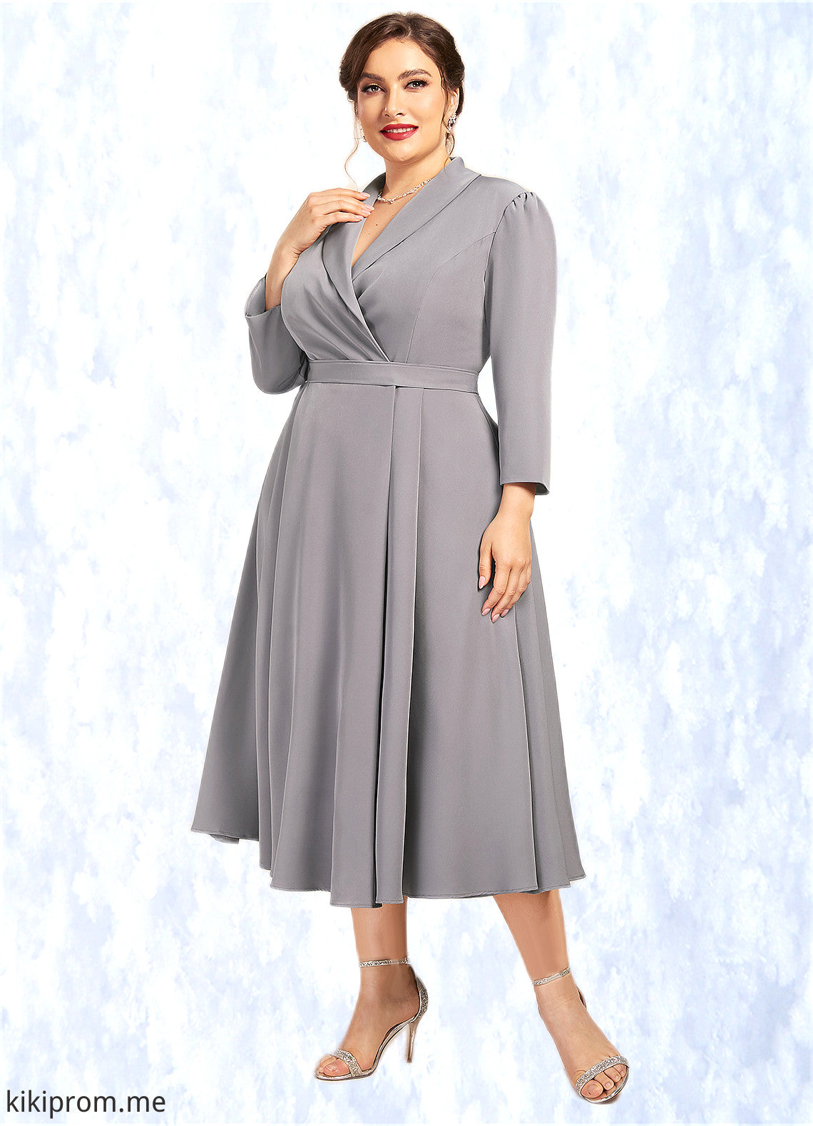 Bria A-Line V-neck Tea-Length Stretch Crepe Mother of the Bride Dress STF126P0014844