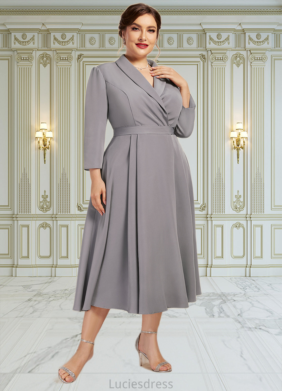 Zoey A-Line V-neck Tea-Length Stretch Crepe Mother of the Bride Dress HF126P0014844