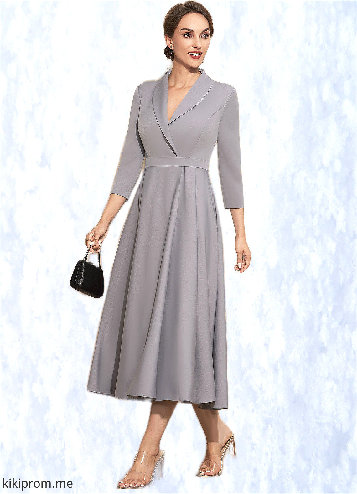 Bria A-Line V-neck Tea-Length Stretch Crepe Mother of the Bride Dress STF126P0014844