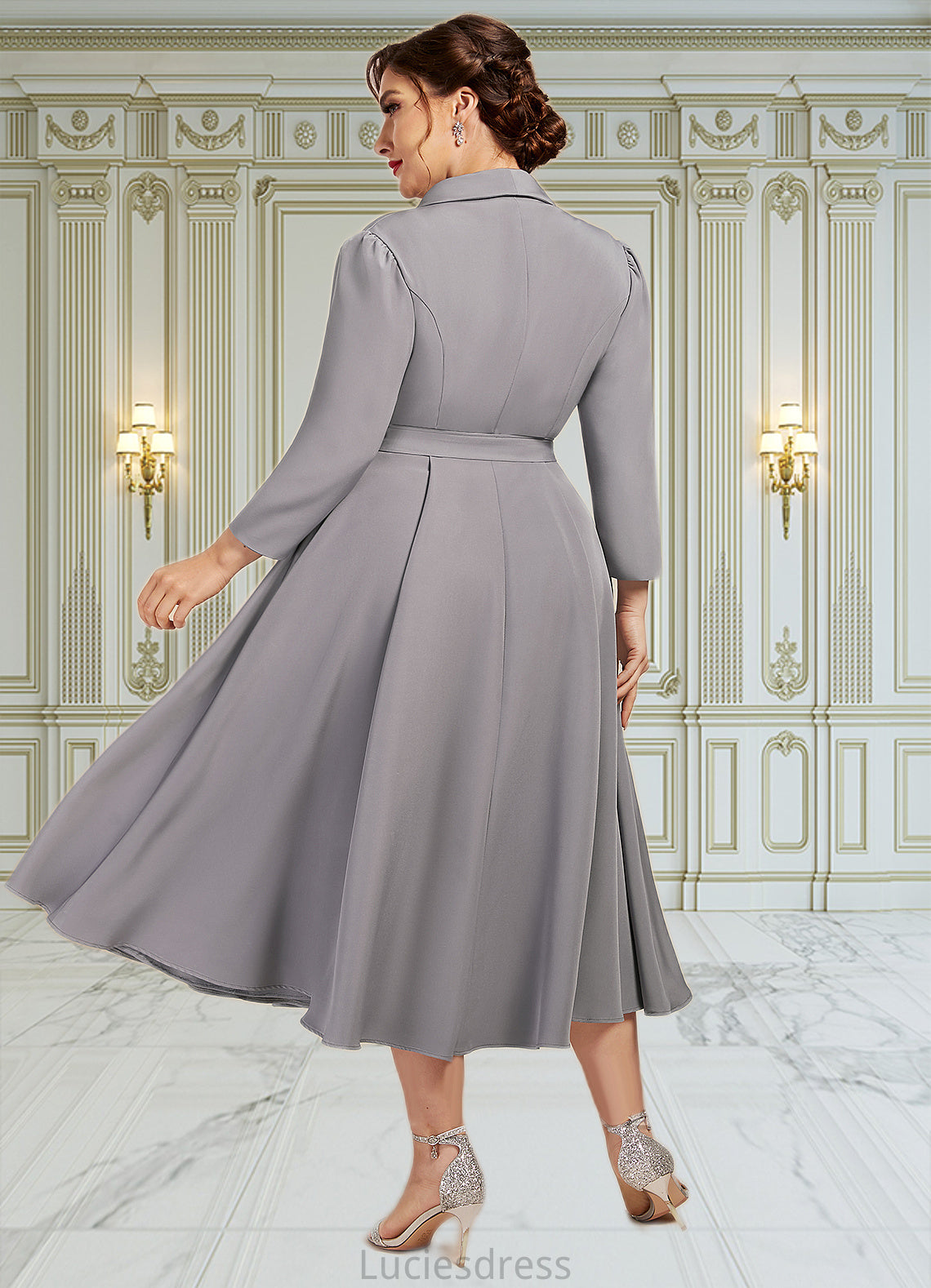 Zoey A-Line V-neck Tea-Length Stretch Crepe Mother of the Bride Dress HF126P0014844