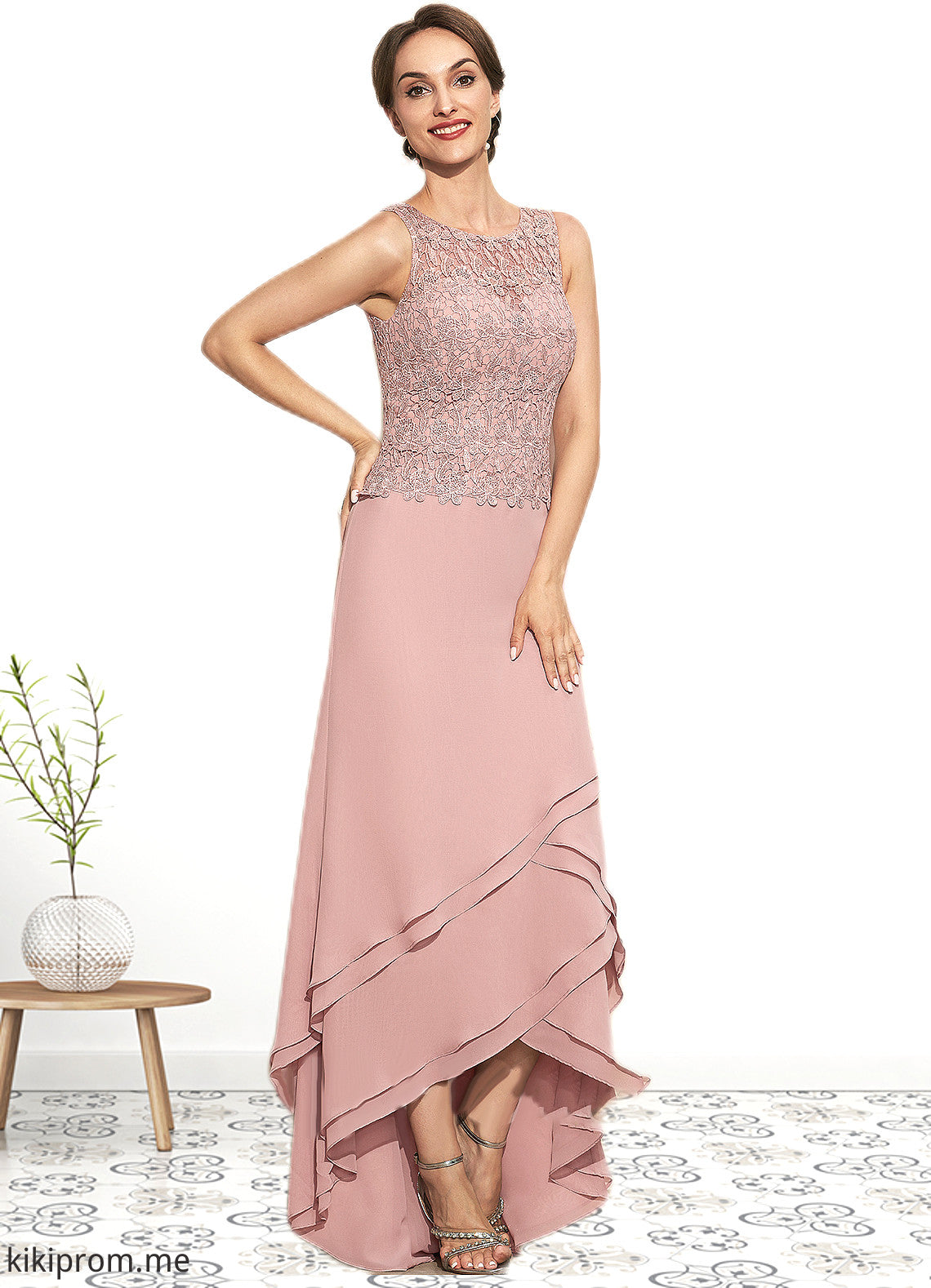 Cecilia A-Line Scoop Neck Asymmetrical Chiffon Lace Mother of the Bride Dress With Cascading Ruffles STF126P0014845