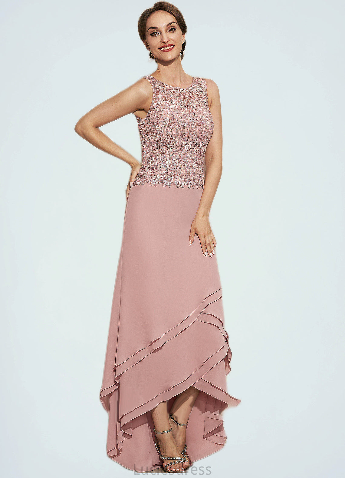 Ariana A-Line Scoop Neck Asymmetrical Chiffon Lace Mother of the Bride Dress With Cascading Ruffles HF126P0014845