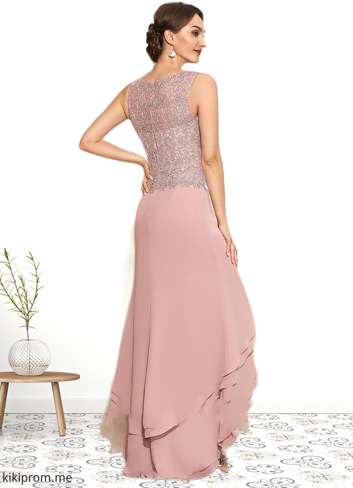 Cecilia A-Line Scoop Neck Asymmetrical Chiffon Lace Mother of the Bride Dress With Cascading Ruffles STF126P0014845