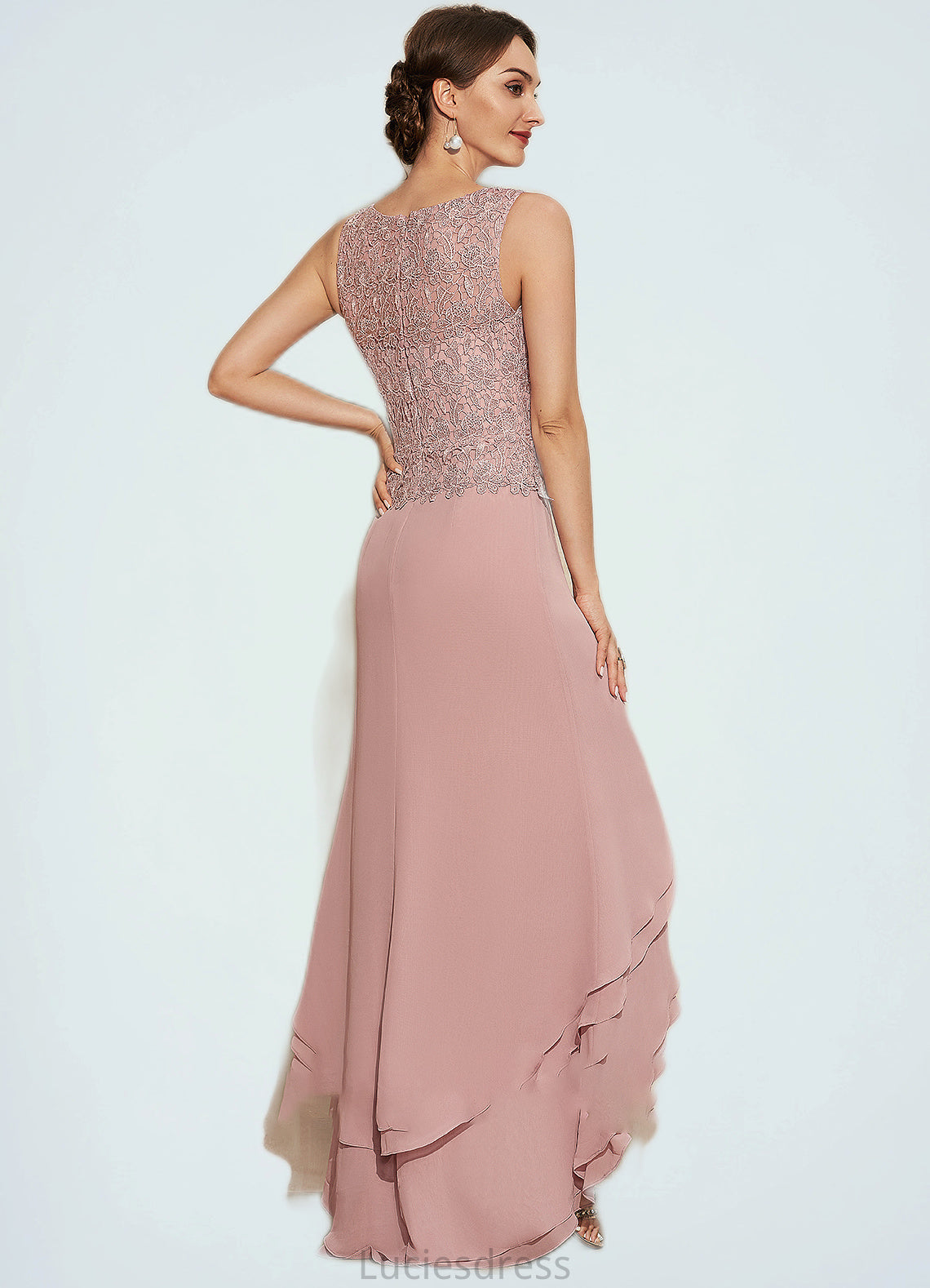 Ariana A-Line Scoop Neck Asymmetrical Chiffon Lace Mother of the Bride Dress With Cascading Ruffles HF126P0014845