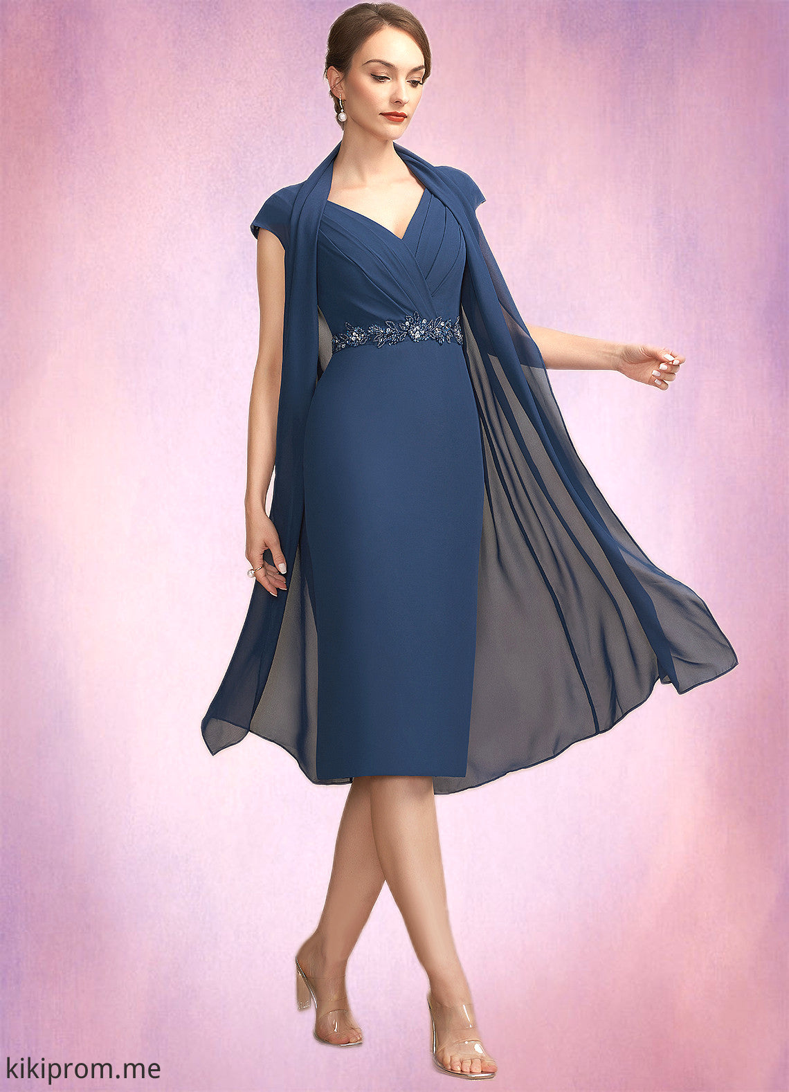 Hana Sheath/Column V-neck Knee-Length Chiffon Mother of the Bride Dress With Ruffle Beading Sequins STF126P0014847