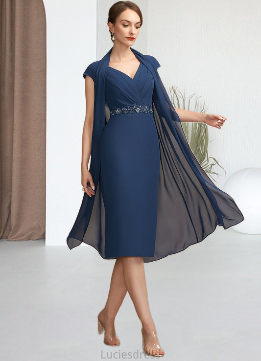 Madalynn Sheath/Column V-neck Knee-Length Chiffon Mother of the Bride Dress With Ruffle Beading Sequins HF126P0014847