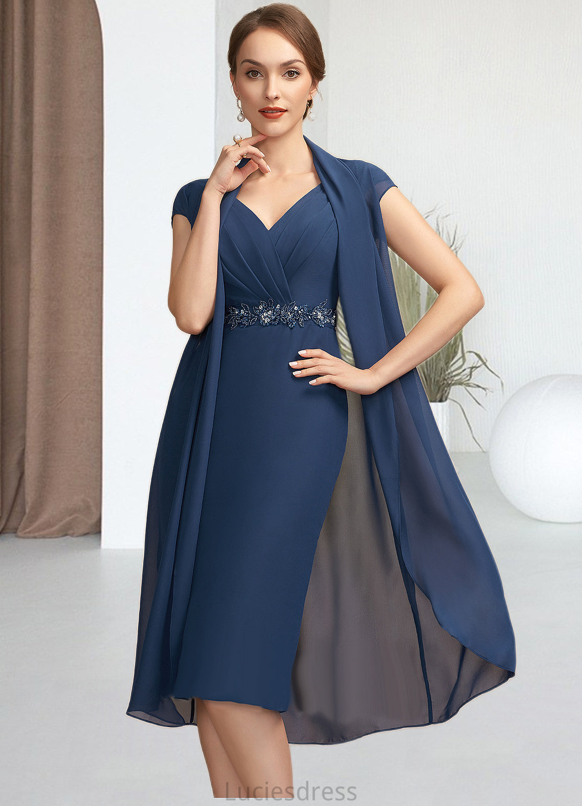 Madalynn Sheath/Column V-neck Knee-Length Chiffon Mother of the Bride Dress With Ruffle Beading Sequins HF126P0014847