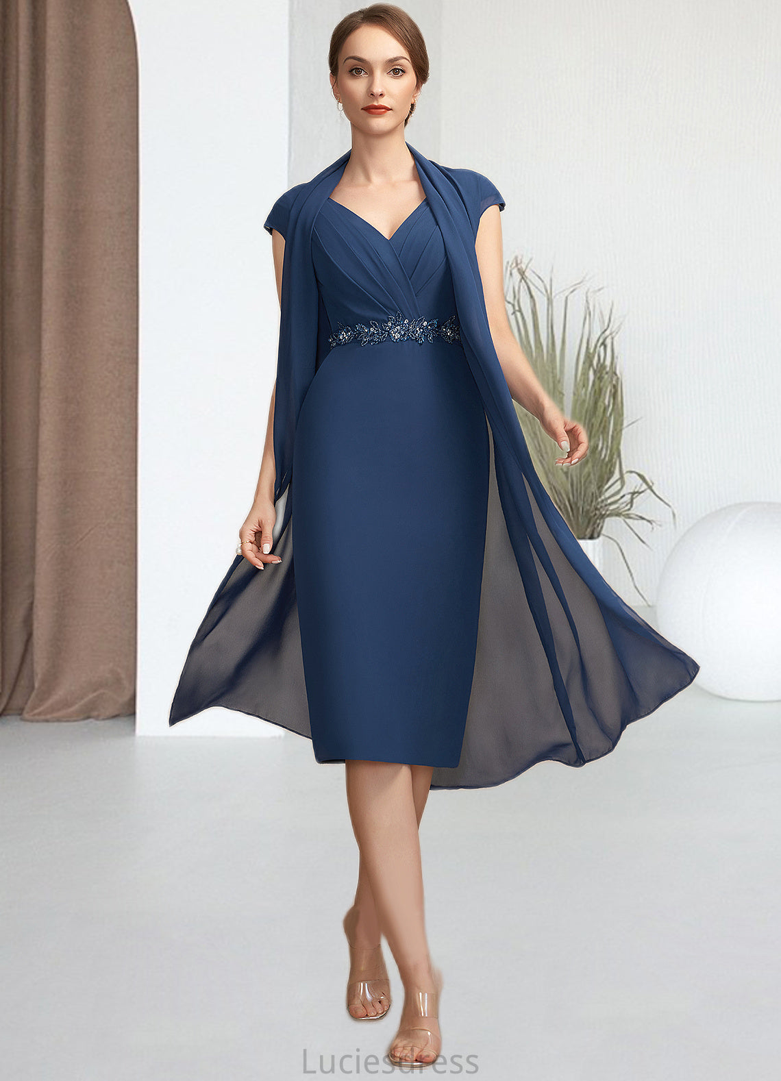 Madalynn Sheath/Column V-neck Knee-Length Chiffon Mother of the Bride Dress With Ruffle Beading Sequins HF126P0014847