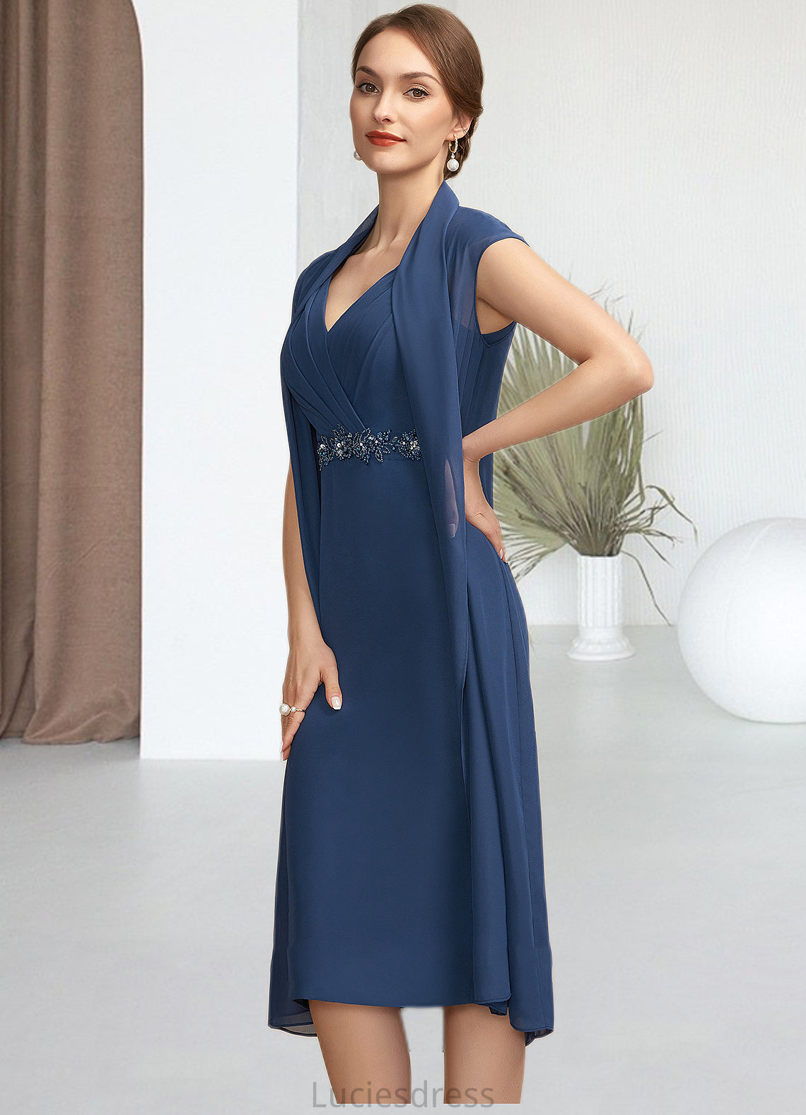 Madalynn Sheath/Column V-neck Knee-Length Chiffon Mother of the Bride Dress With Ruffle Beading Sequins HF126P0014847