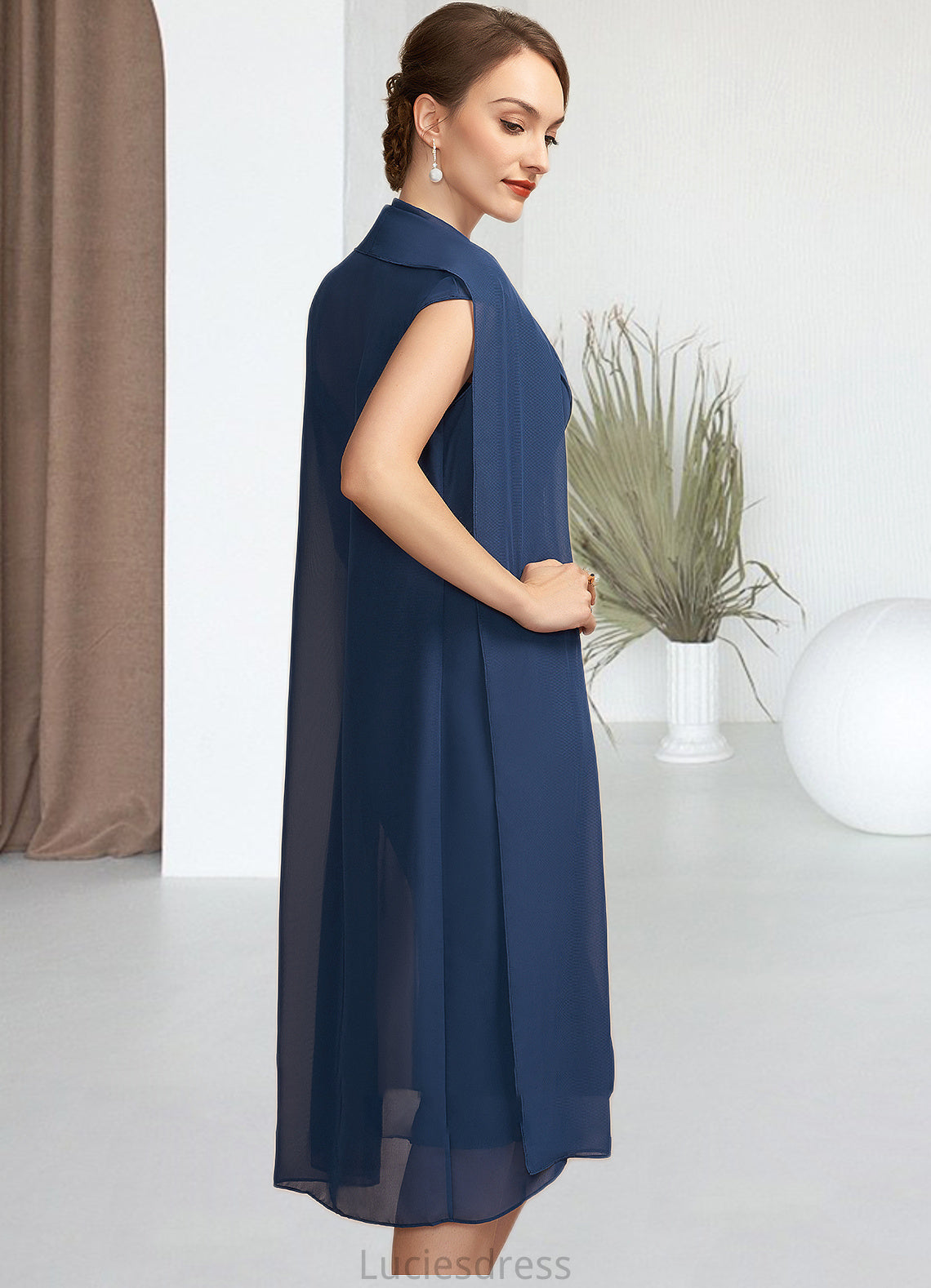 Madalynn Sheath/Column V-neck Knee-Length Chiffon Mother of the Bride Dress With Ruffle Beading Sequins HF126P0014847