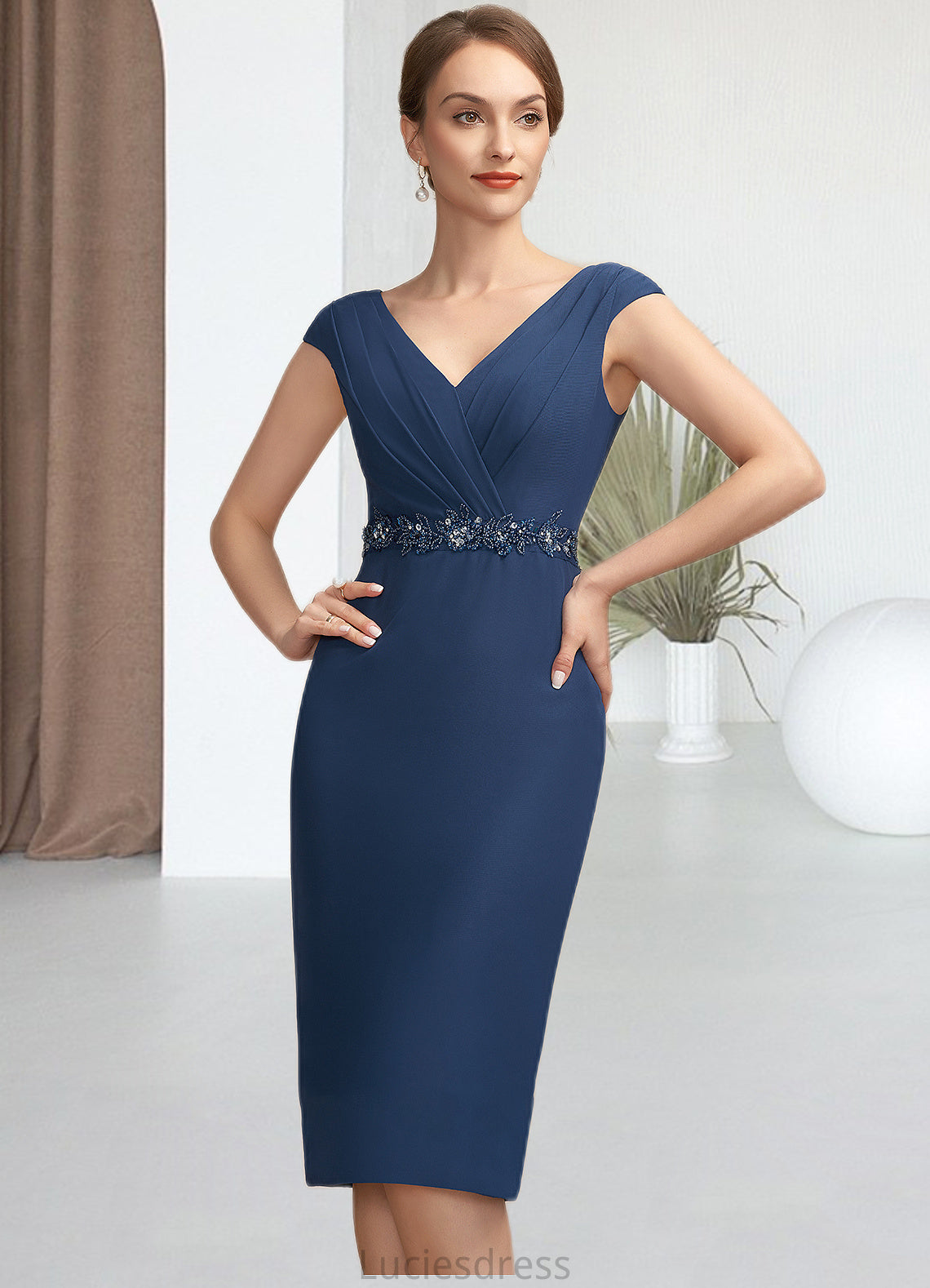 Madalynn Sheath/Column V-neck Knee-Length Chiffon Mother of the Bride Dress With Ruffle Beading Sequins HF126P0014847