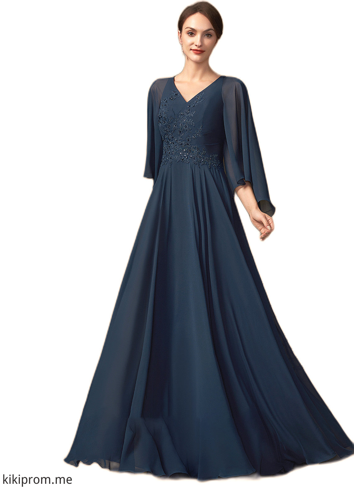 Alexandria A-Line V-neck Floor-Length Chiffon Lace Mother of the Bride Dress With Beading Sequins STF126P0014849