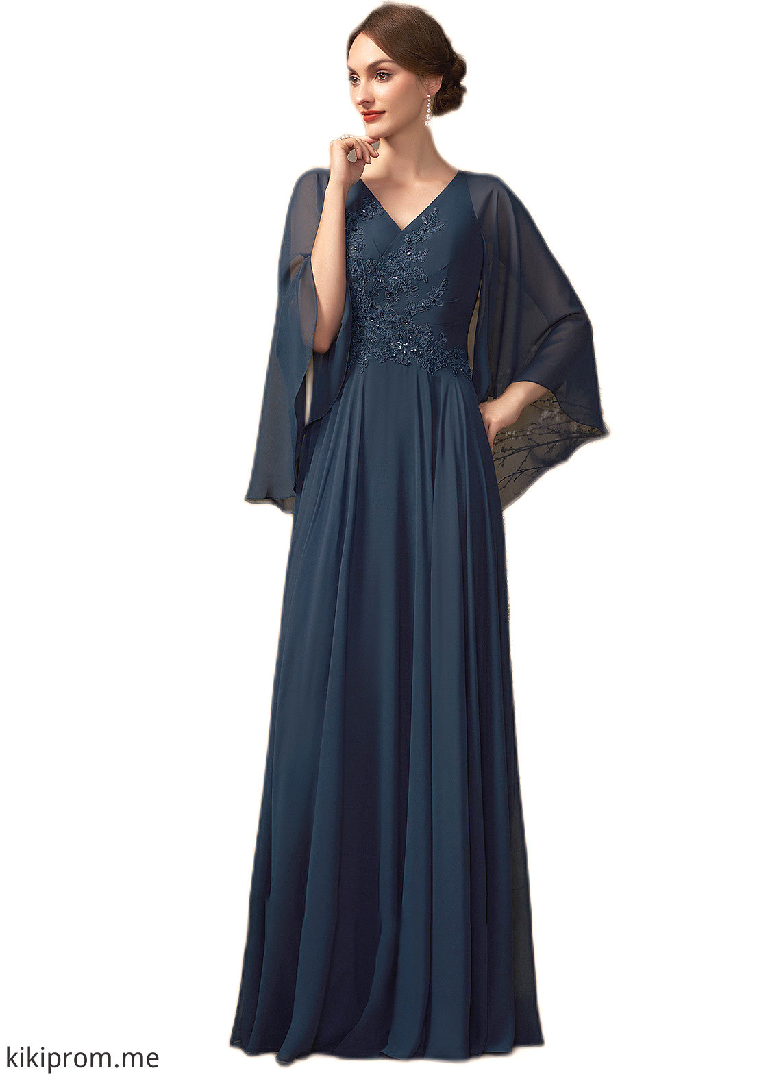 Alexandria A-Line V-neck Floor-Length Chiffon Lace Mother of the Bride Dress With Beading Sequins STF126P0014849