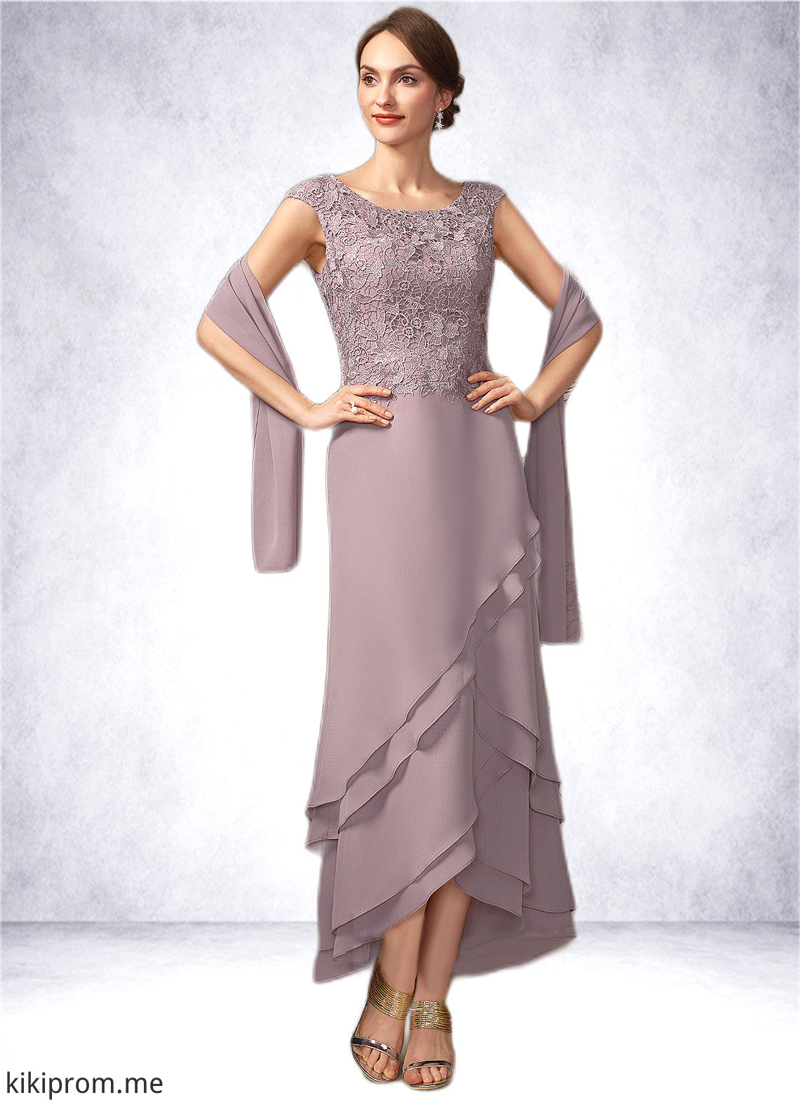 Judy A-Line Scoop Neck Asymmetrical Chiffon Lace Mother of the Bride Dress With Cascading Ruffles STF126P0014850