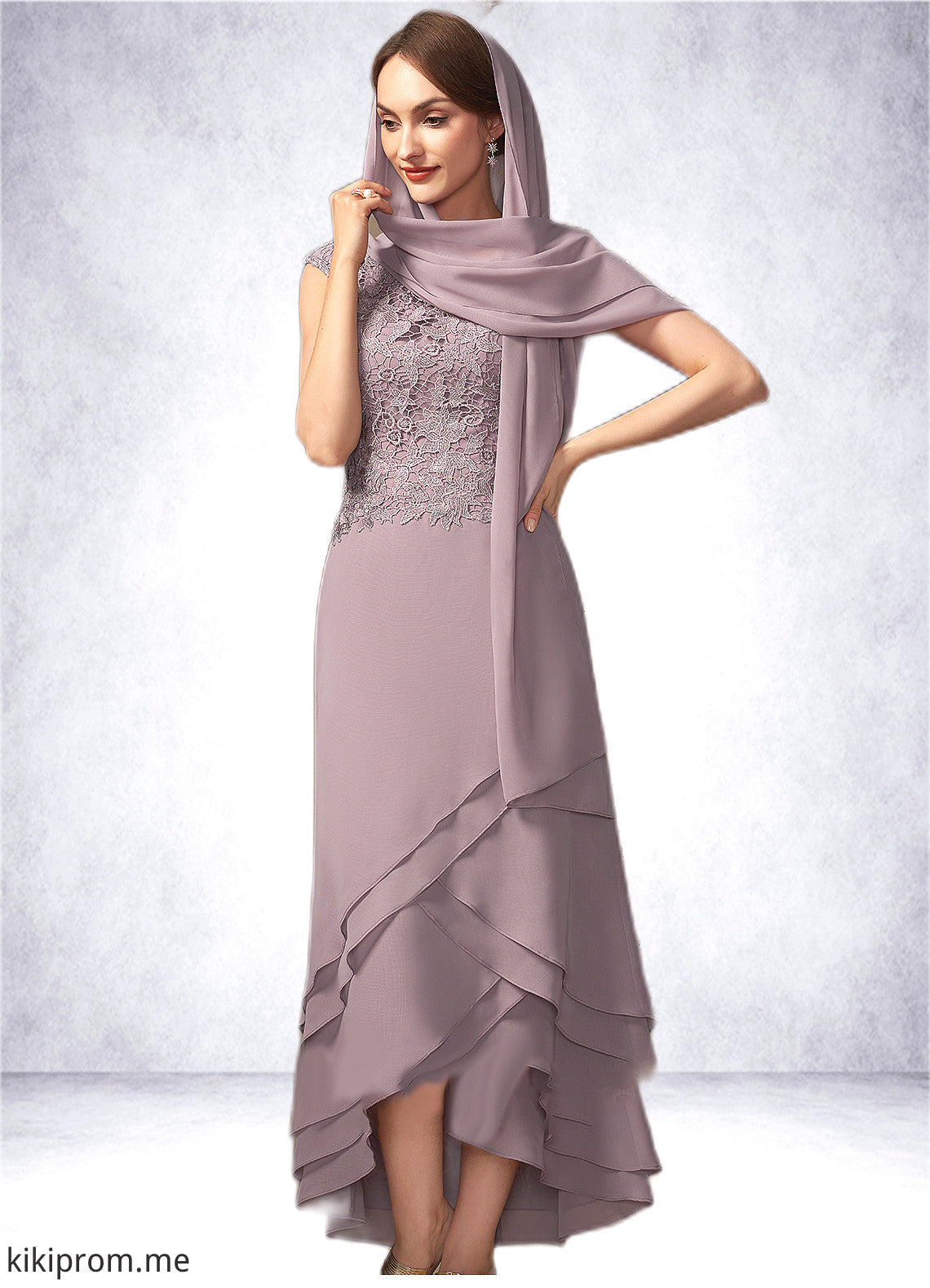 Judy A-Line Scoop Neck Asymmetrical Chiffon Lace Mother of the Bride Dress With Cascading Ruffles STF126P0014850