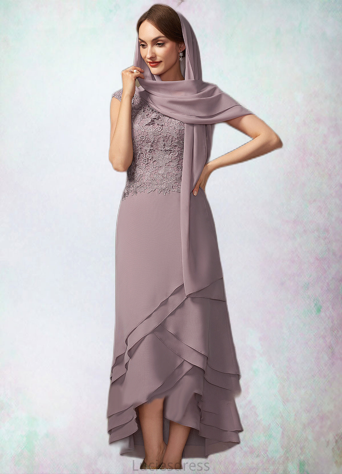 Louise A-Line Scoop Neck Asymmetrical Chiffon Lace Mother of the Bride Dress With Cascading Ruffles HF126P0014850