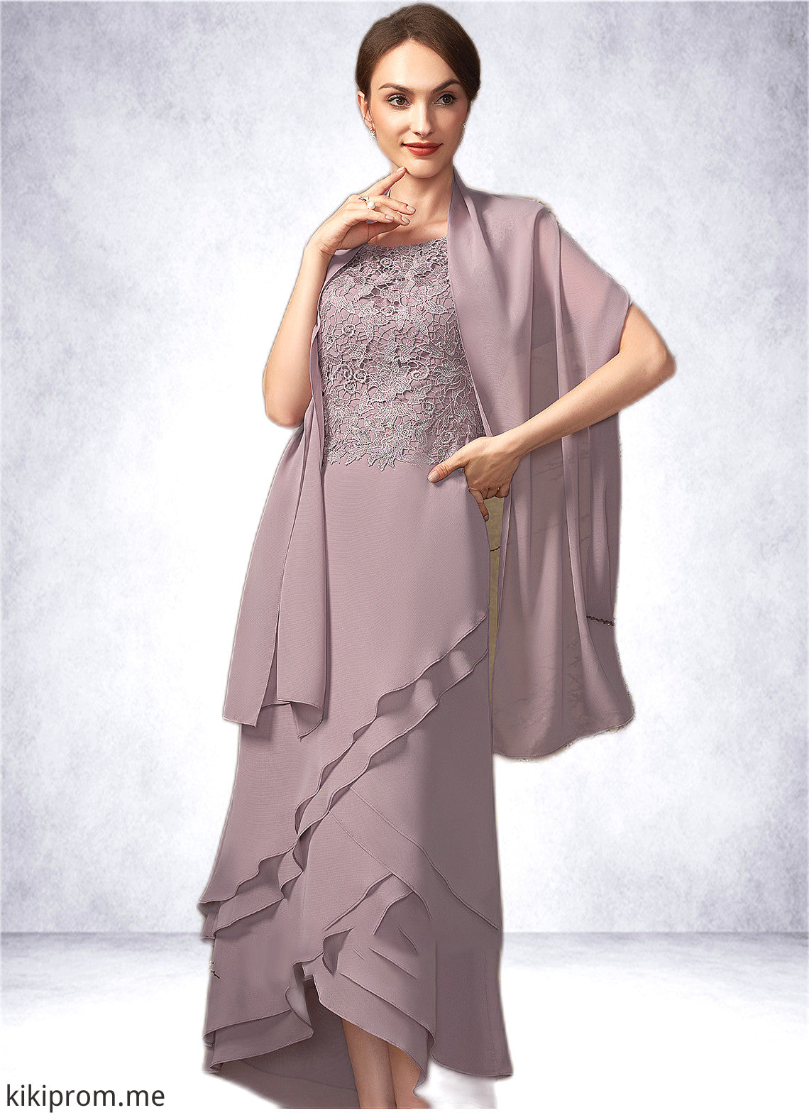 Judy A-Line Scoop Neck Asymmetrical Chiffon Lace Mother of the Bride Dress With Cascading Ruffles STF126P0014850