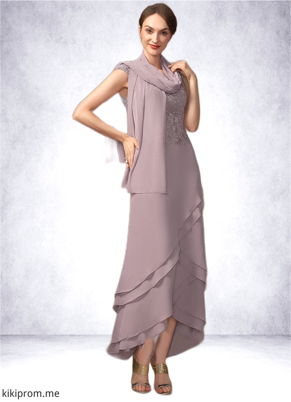 Judy A-Line Scoop Neck Asymmetrical Chiffon Lace Mother of the Bride Dress With Cascading Ruffles STF126P0014850