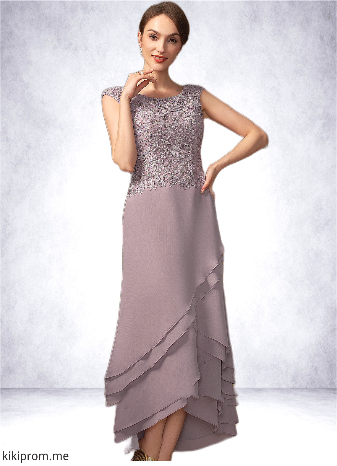 Judy A-Line Scoop Neck Asymmetrical Chiffon Lace Mother of the Bride Dress With Cascading Ruffles STF126P0014850