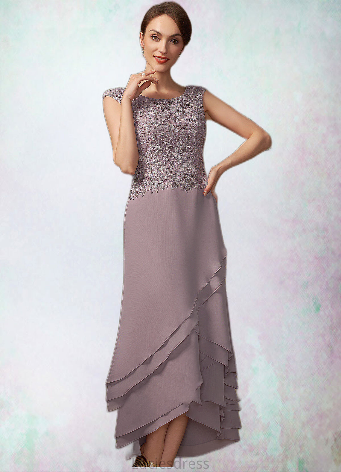 Louise A-Line Scoop Neck Asymmetrical Chiffon Lace Mother of the Bride Dress With Cascading Ruffles HF126P0014850