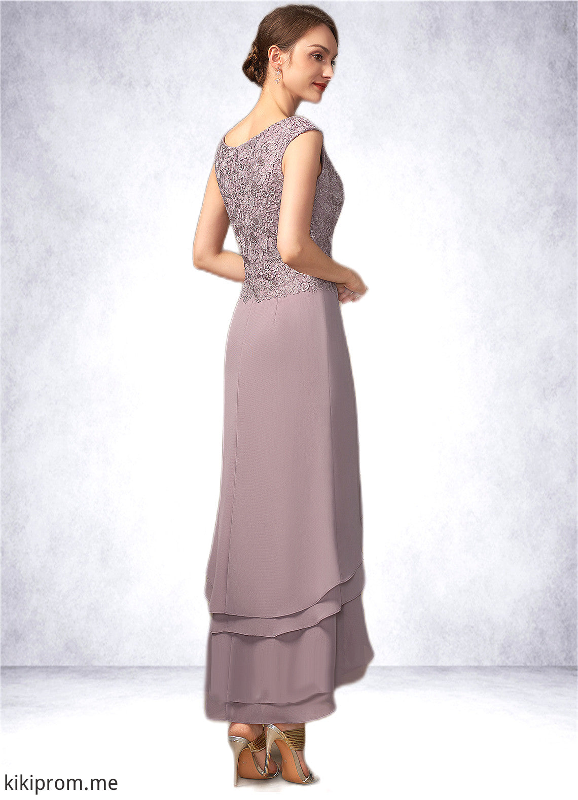 Judy A-Line Scoop Neck Asymmetrical Chiffon Lace Mother of the Bride Dress With Cascading Ruffles STF126P0014850