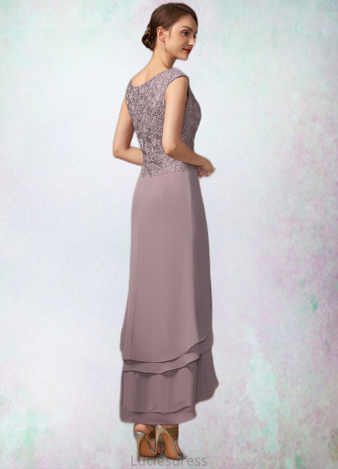 Louise A-Line Scoop Neck Asymmetrical Chiffon Lace Mother of the Bride Dress With Cascading Ruffles HF126P0014850