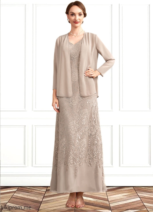 Jane A-Line V-neck Ankle-Length Chiffon Lace Mother of the Bride Dress STF126P0014851