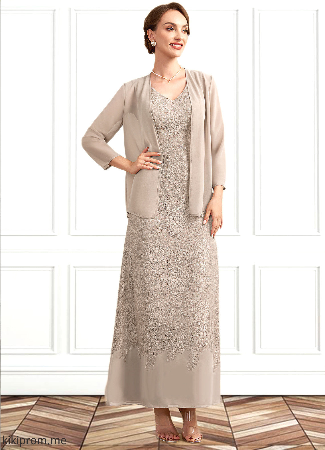 Jane A-Line V-neck Ankle-Length Chiffon Lace Mother of the Bride Dress STF126P0014851