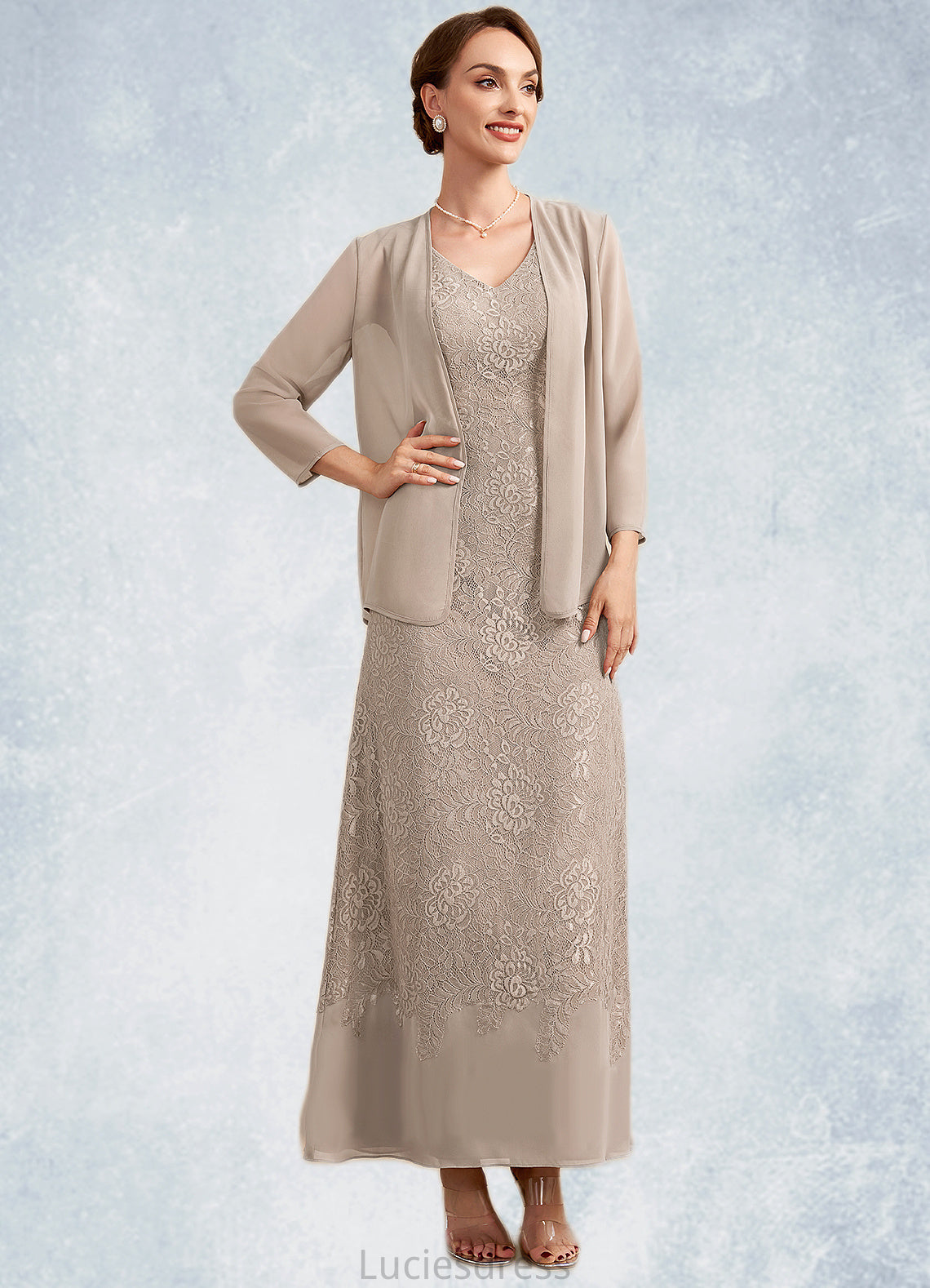 Meghan A-Line V-neck Ankle-Length Chiffon Lace Mother of the Bride Dress HF126P0014851