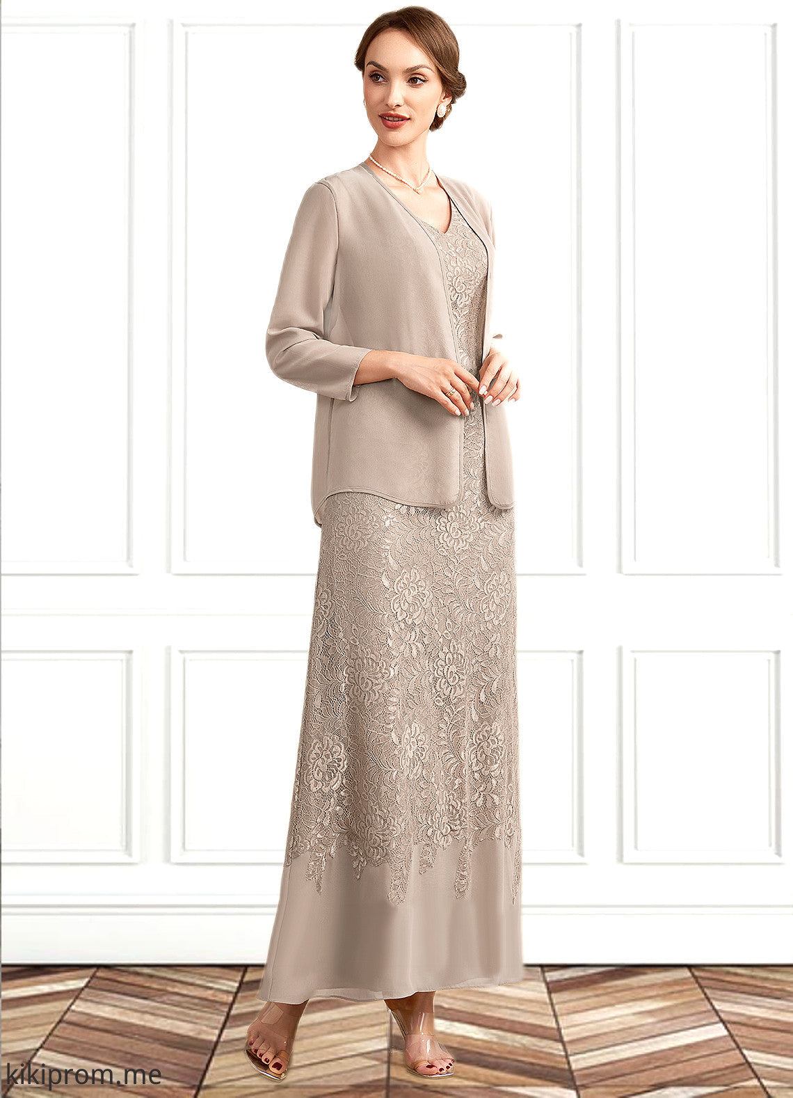 Jane A-Line V-neck Ankle-Length Chiffon Lace Mother of the Bride Dress STF126P0014851