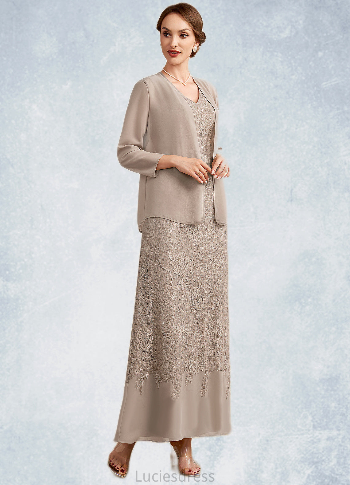 Meghan A-Line V-neck Ankle-Length Chiffon Lace Mother of the Bride Dress HF126P0014851