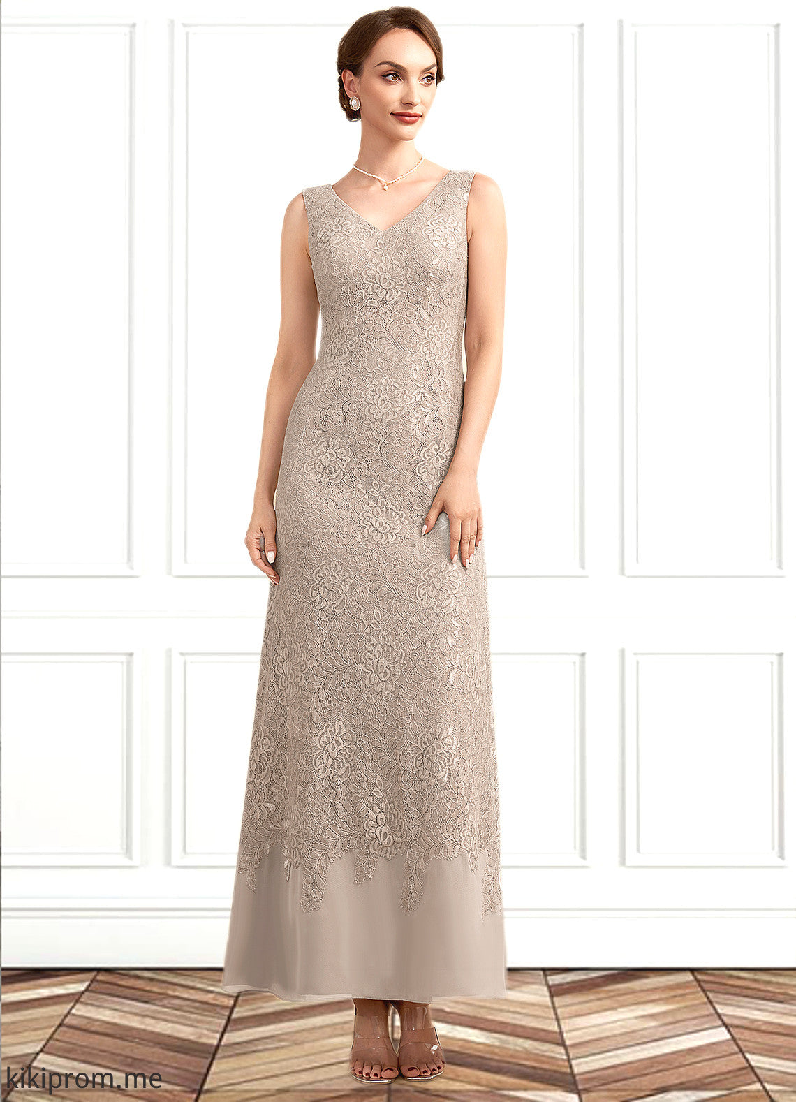 Jane A-Line V-neck Ankle-Length Chiffon Lace Mother of the Bride Dress STF126P0014851