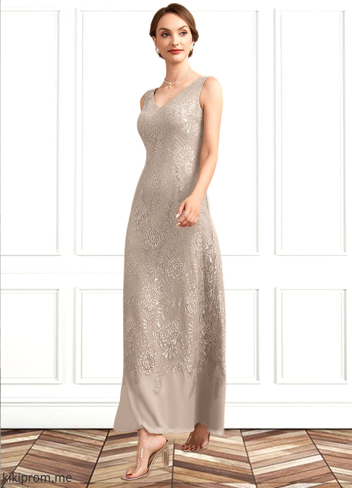 Jane A-Line V-neck Ankle-Length Chiffon Lace Mother of the Bride Dress STF126P0014851