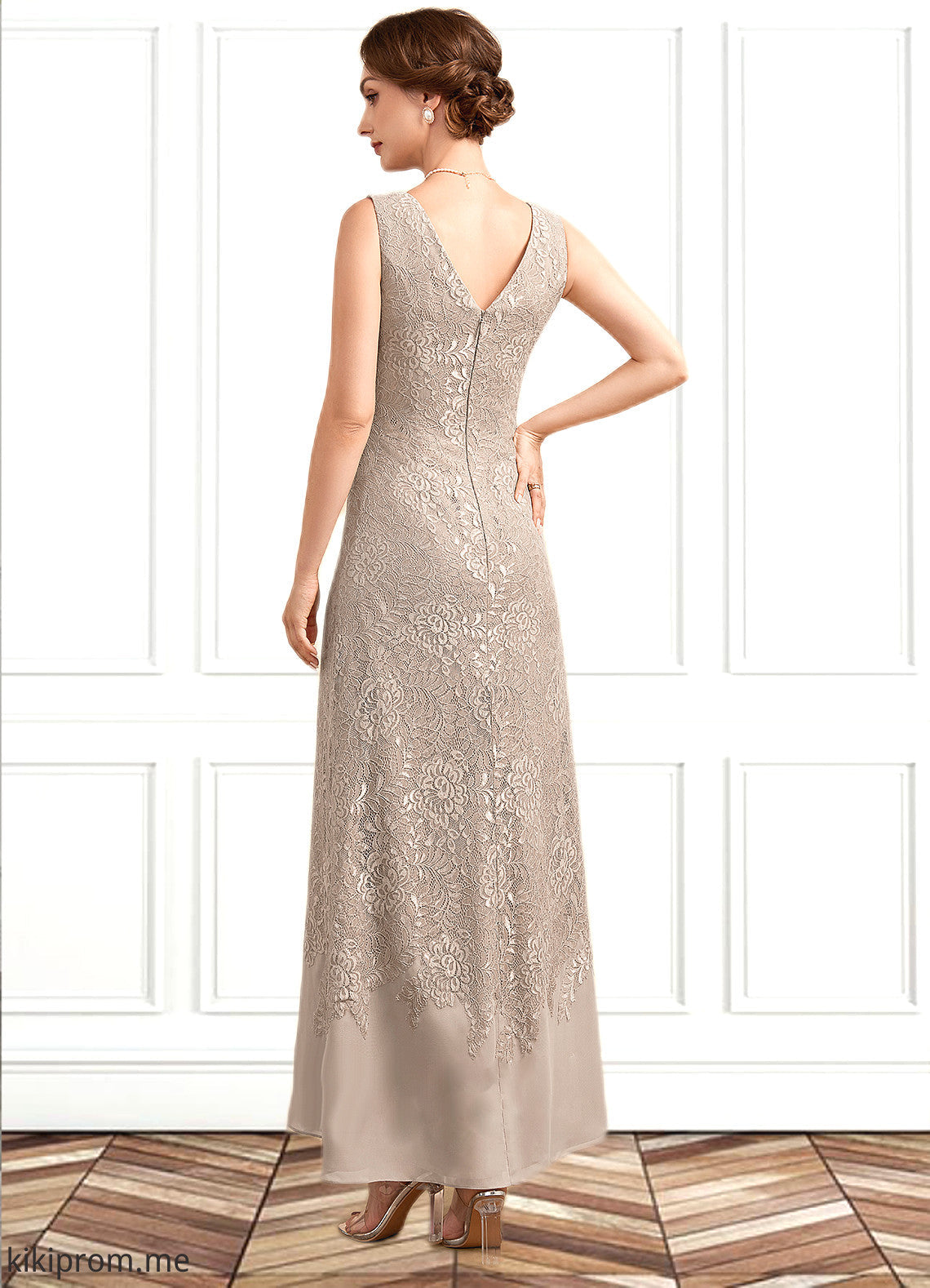 Jane A-Line V-neck Ankle-Length Chiffon Lace Mother of the Bride Dress STF126P0014851