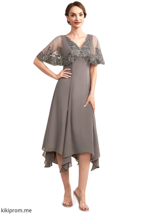 Josie A-Line V-neck Tea-Length Chiffon Lace Mother of the Bride Dress With Beading Sequins STF126P0014852