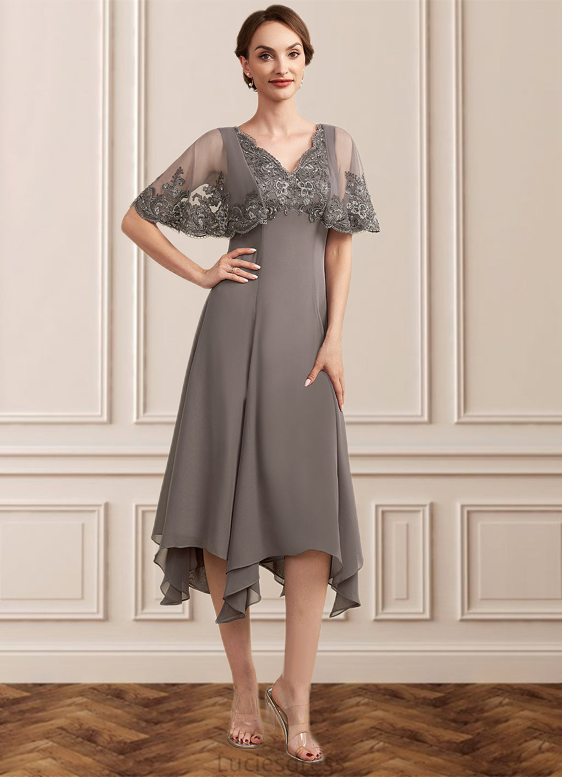 Gwendolyn A-Line V-neck Tea-Length Chiffon Lace Mother of the Bride Dress With Beading Sequins HF126P0014852