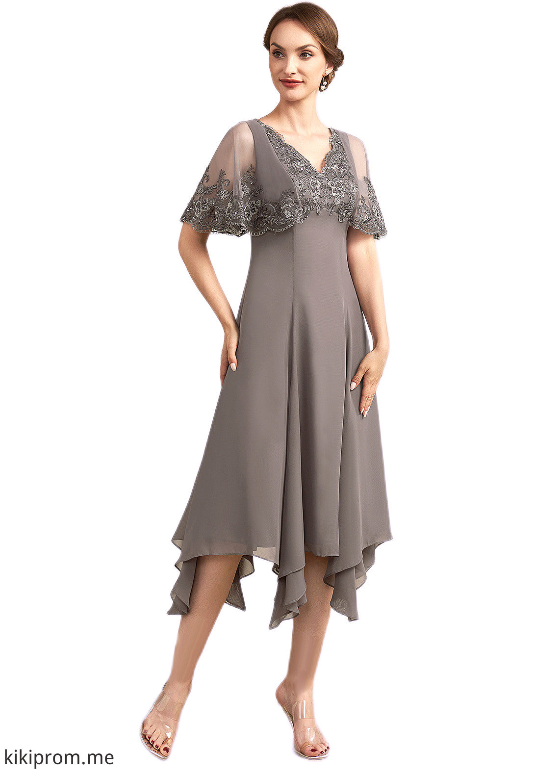 Josie A-Line V-neck Tea-Length Chiffon Lace Mother of the Bride Dress With Beading Sequins STF126P0014852