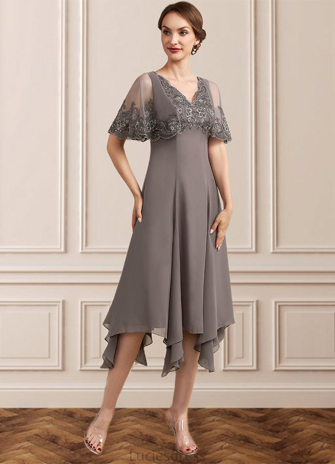 Gwendolyn A-Line V-neck Tea-Length Chiffon Lace Mother of the Bride Dress With Beading Sequins HF126P0014852