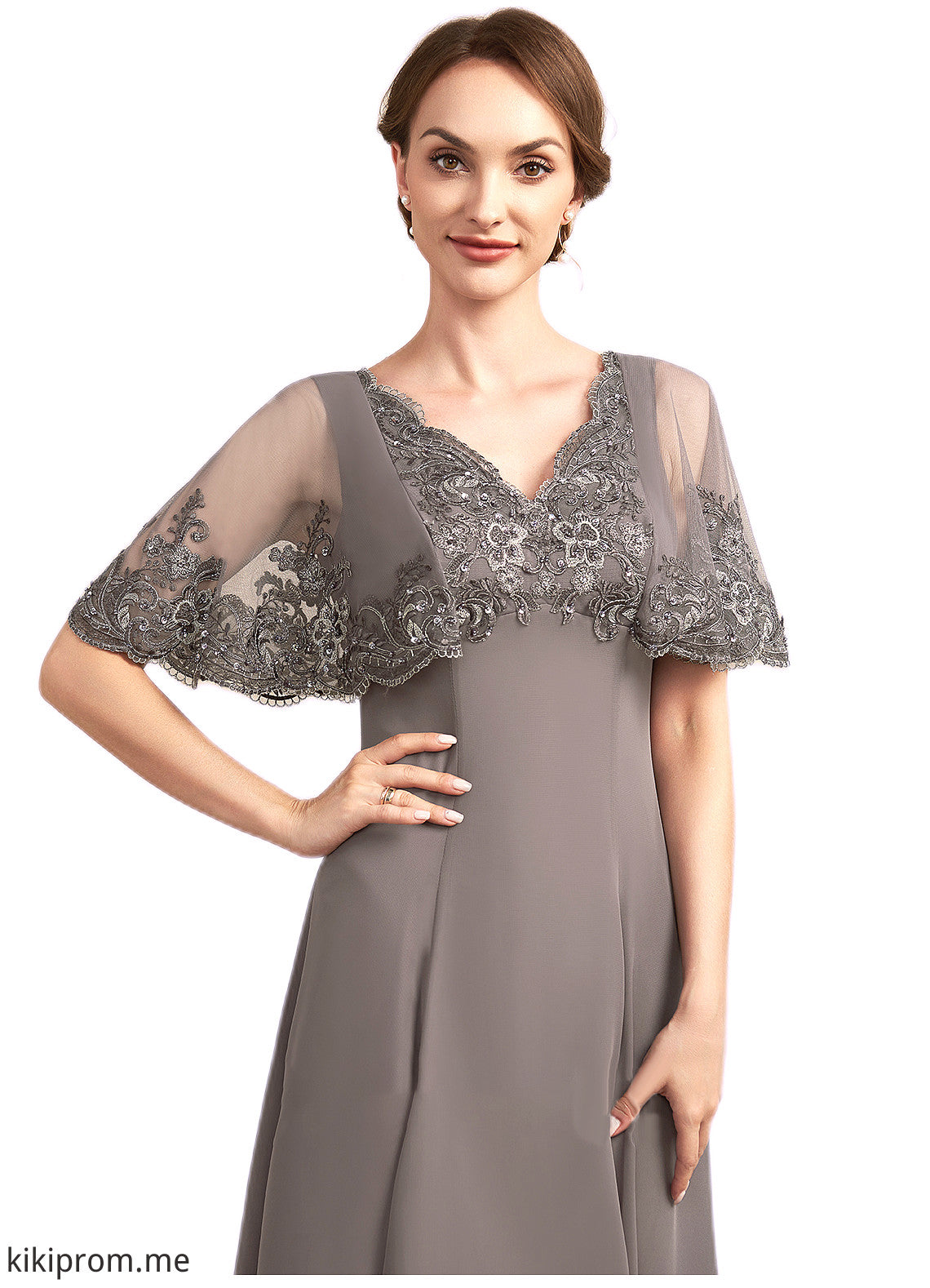 Josie A-Line V-neck Tea-Length Chiffon Lace Mother of the Bride Dress With Beading Sequins STF126P0014852