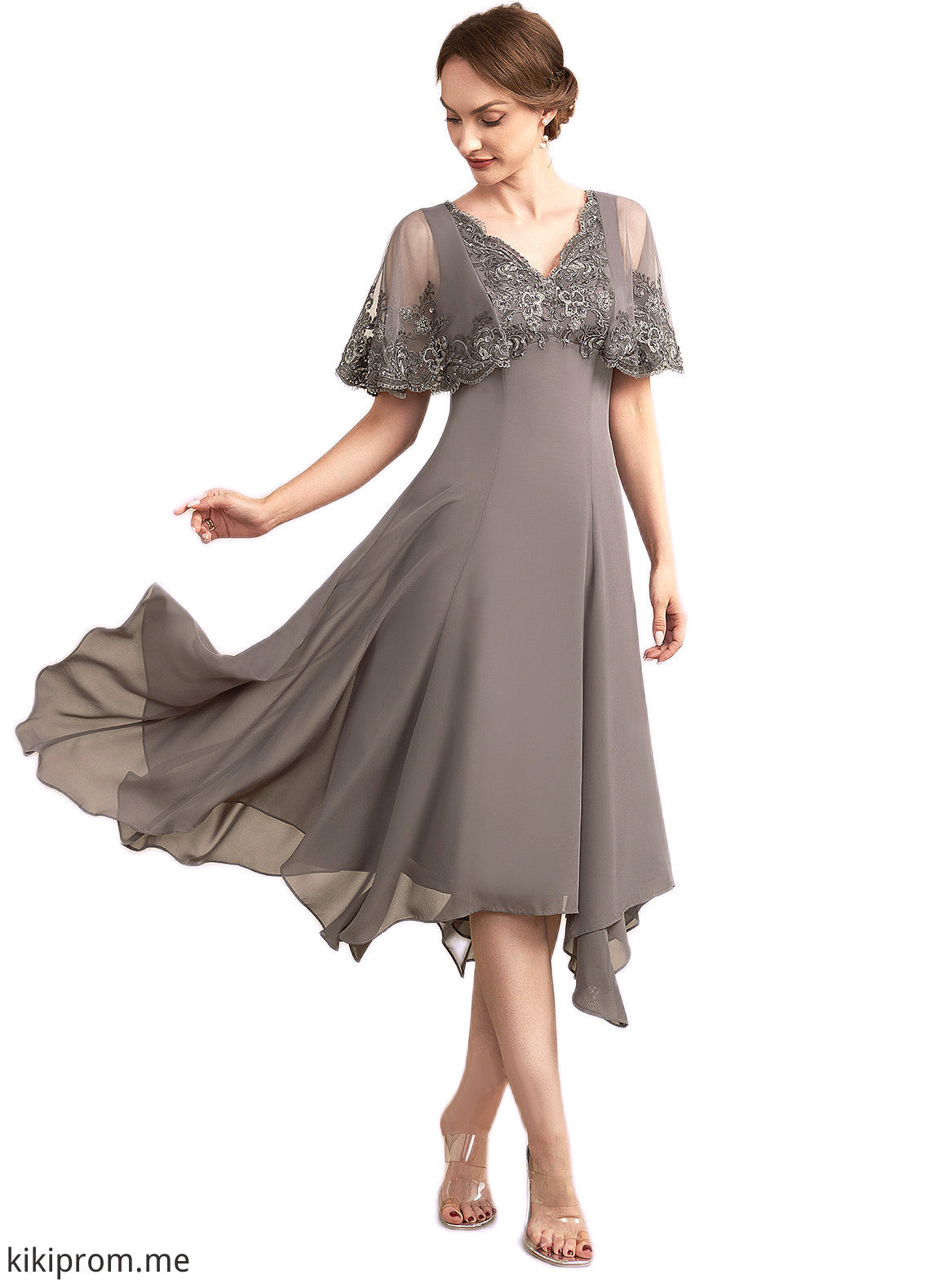 Josie A-Line V-neck Tea-Length Chiffon Lace Mother of the Bride Dress With Beading Sequins STF126P0014852