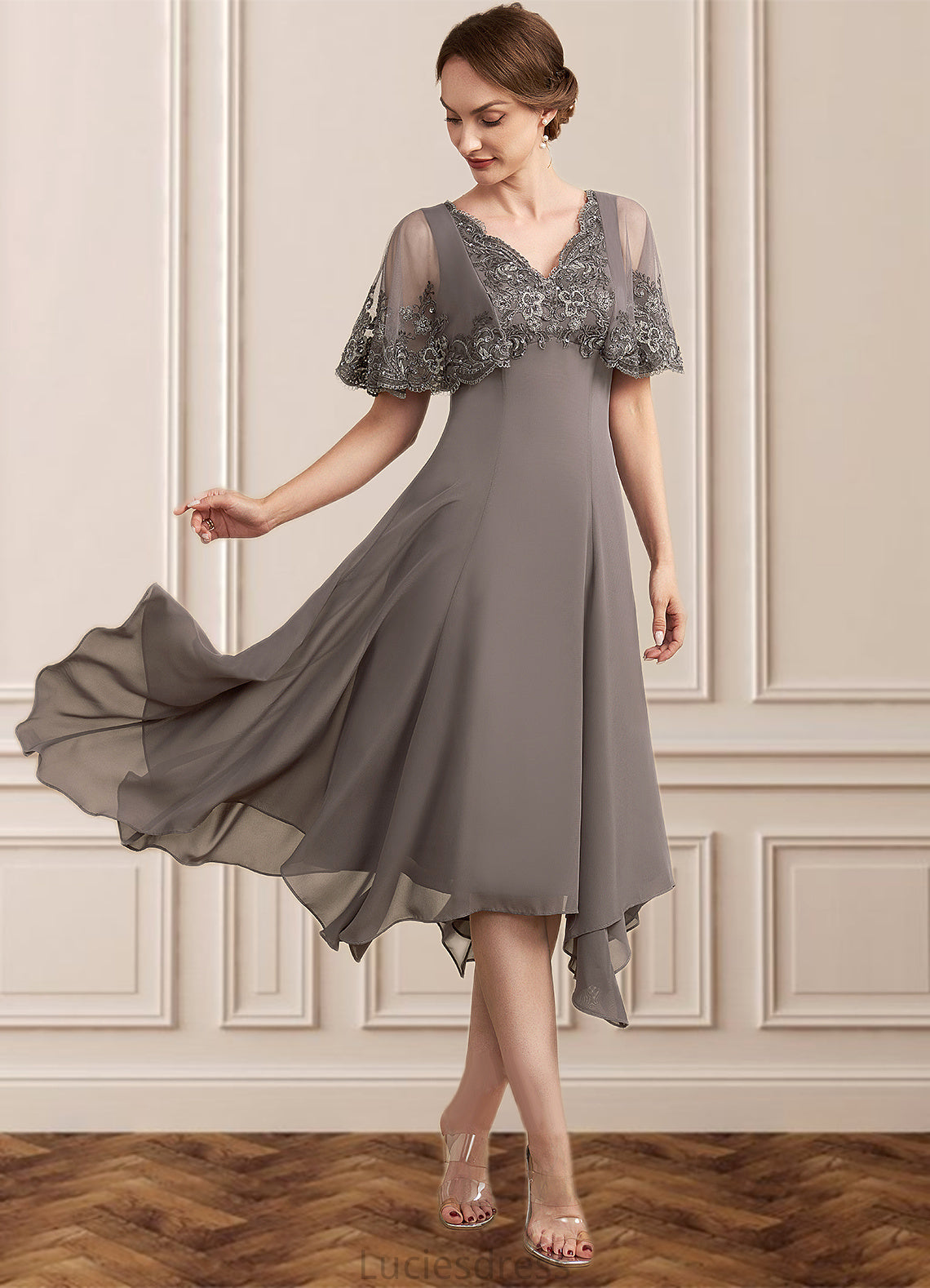 Gwendolyn A-Line V-neck Tea-Length Chiffon Lace Mother of the Bride Dress With Beading Sequins HF126P0014852