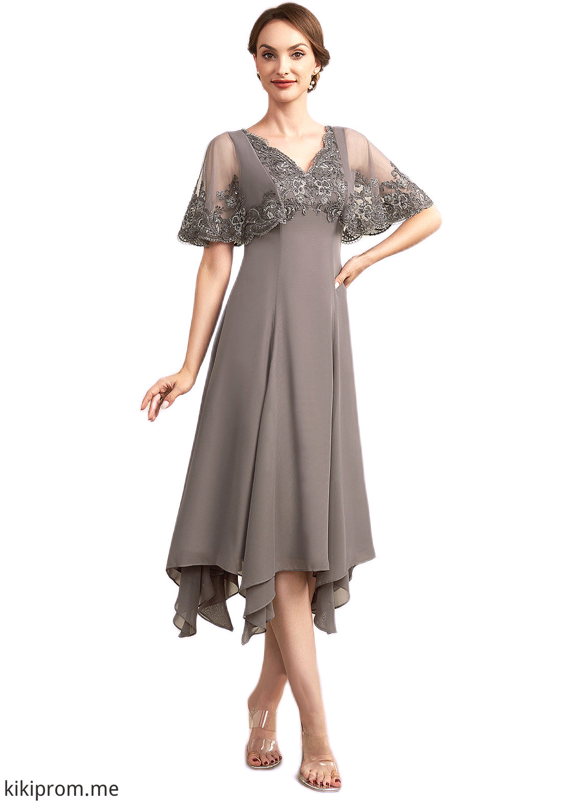 Josie A-Line V-neck Tea-Length Chiffon Lace Mother of the Bride Dress With Beading Sequins STF126P0014852