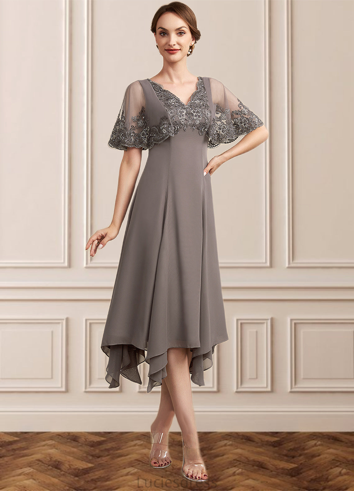 Gwendolyn A-Line V-neck Tea-Length Chiffon Lace Mother of the Bride Dress With Beading Sequins HF126P0014852