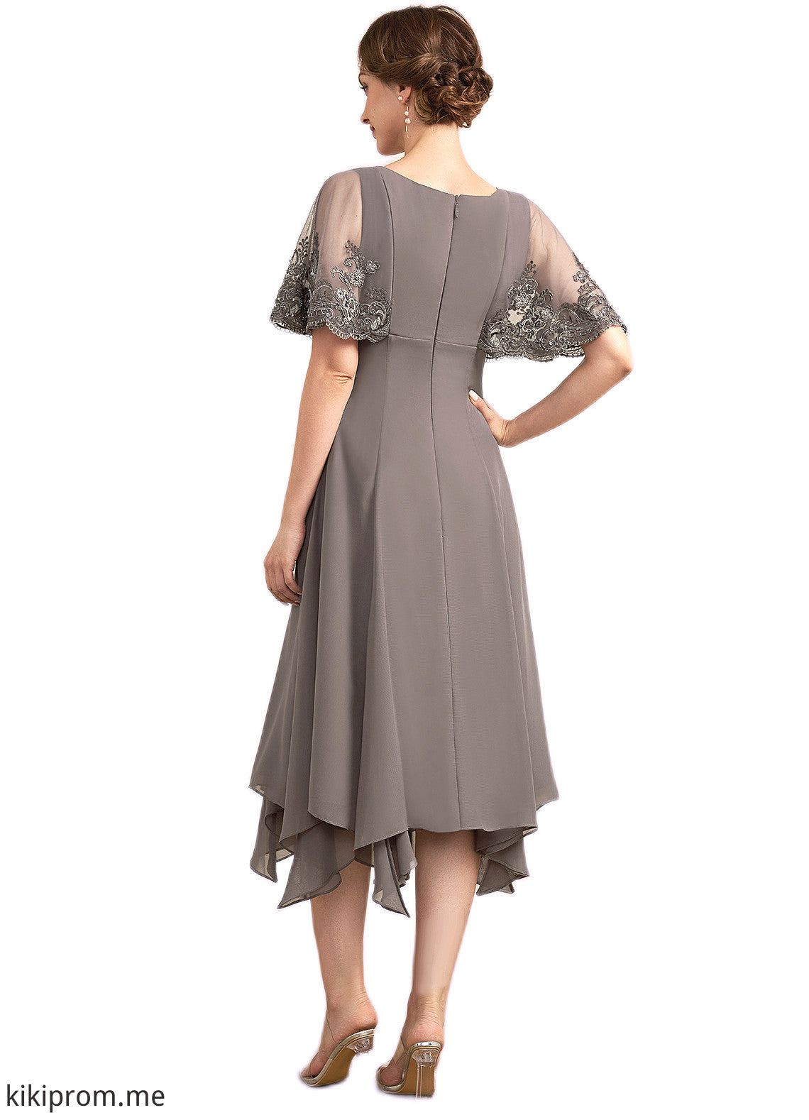 Josie A-Line V-neck Tea-Length Chiffon Lace Mother of the Bride Dress With Beading Sequins STF126P0014852